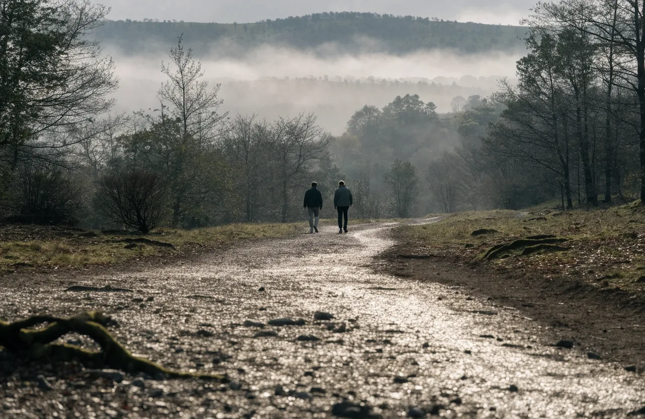 Two adults walking a forest trail in Slovenia on an overcast morning, seen from behind