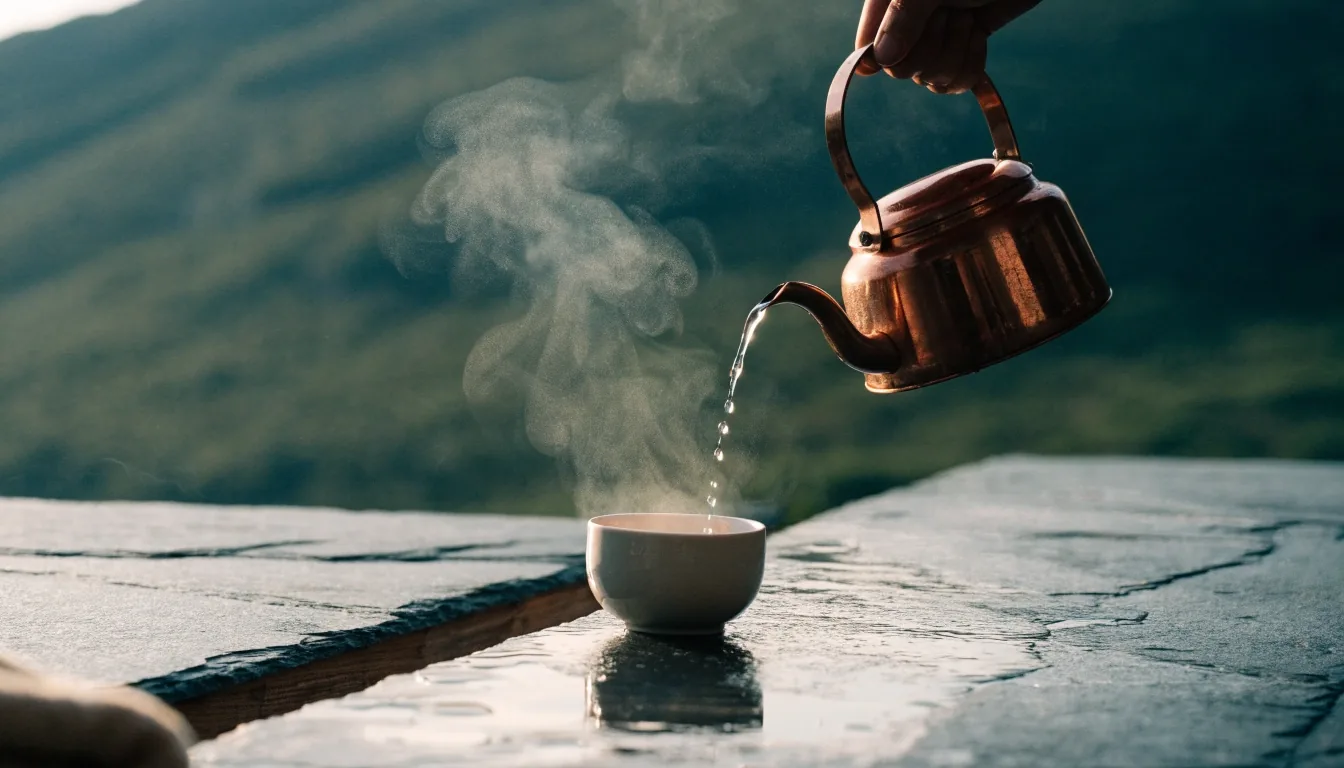 A hand pouring thermal water into a stoneware cup on a slate ledge, steam catching cold morning light.