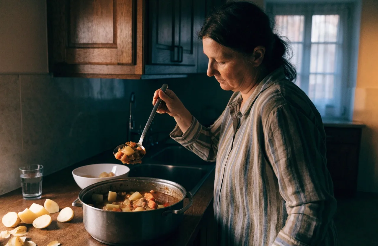 A simple weekday evening meal of vegetable stew and water on a plain kitchen table