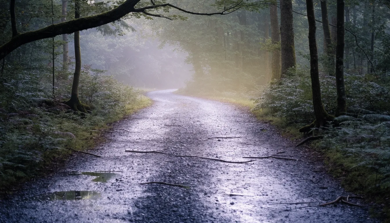 Misted forest walking path in Slovenia at first light with wet gravel