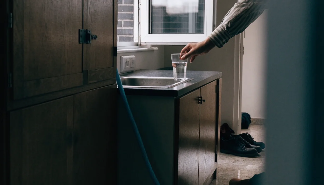 Office desk beside a window with a walking jacket over the chair back and a glass of water
