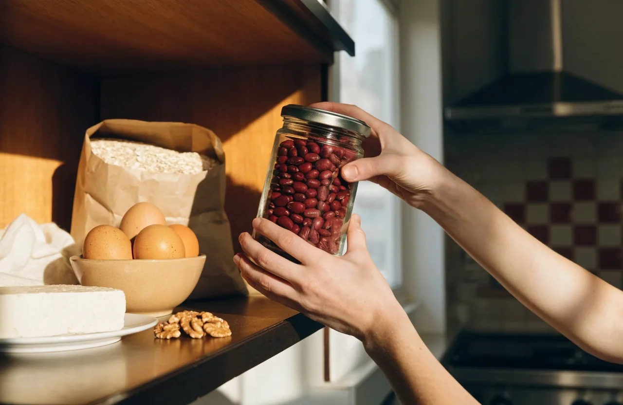 A pantry shelf with jars of beans and lentils, oats, eggs, tofu and walnuts