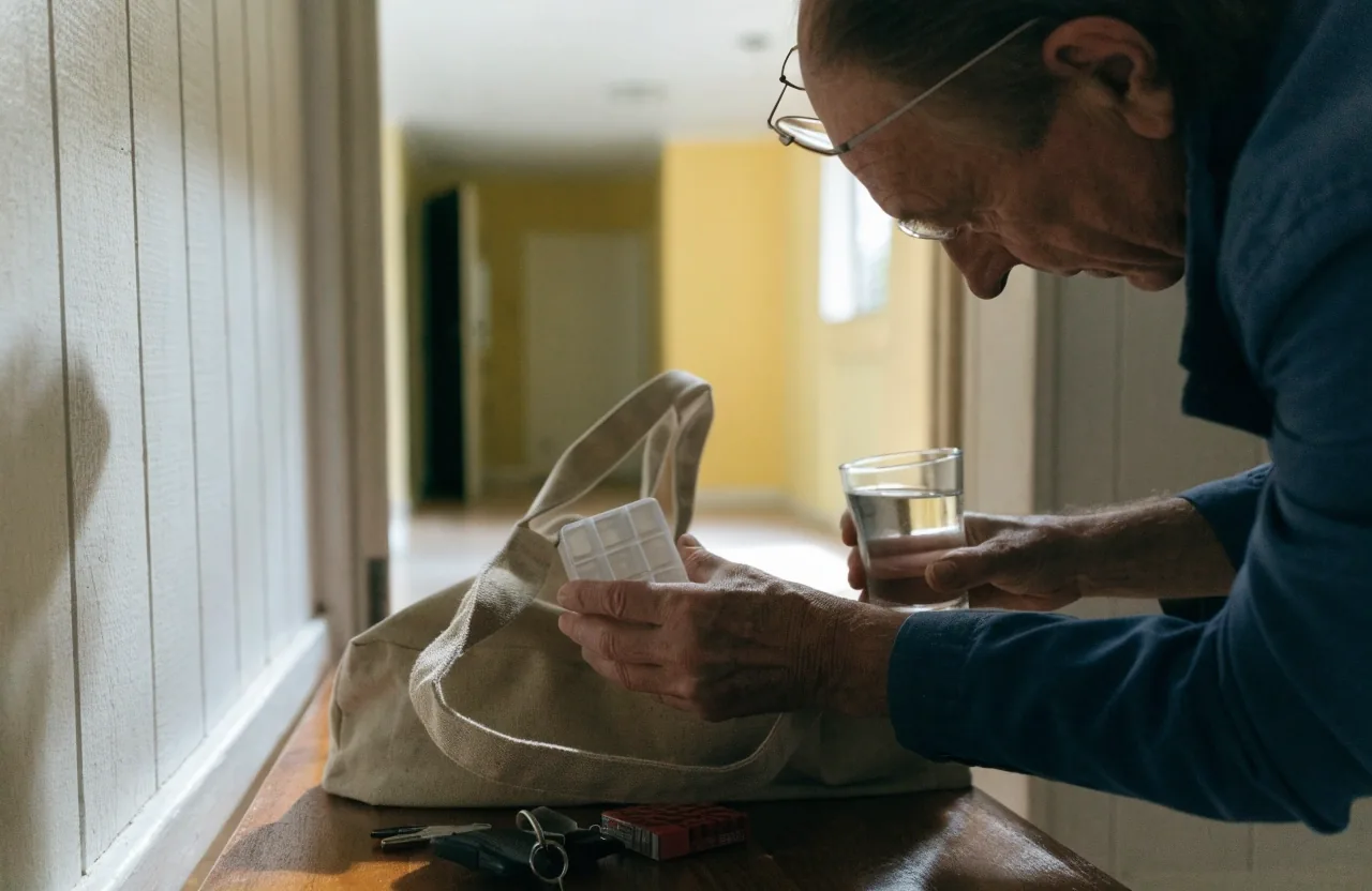 A handwritten list of medications held on a kitchen table before a clinic appointment