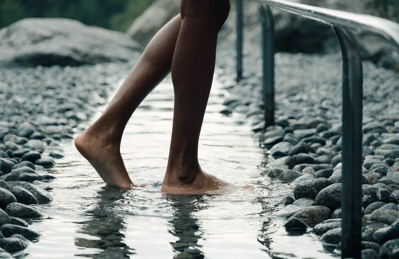 Wet stones in a shallow Kneipp treading channel viewed from above