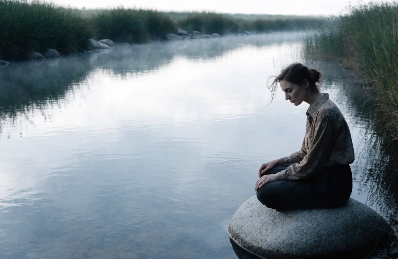Woman sitting quietly on a boulder beside a river in Slovenia